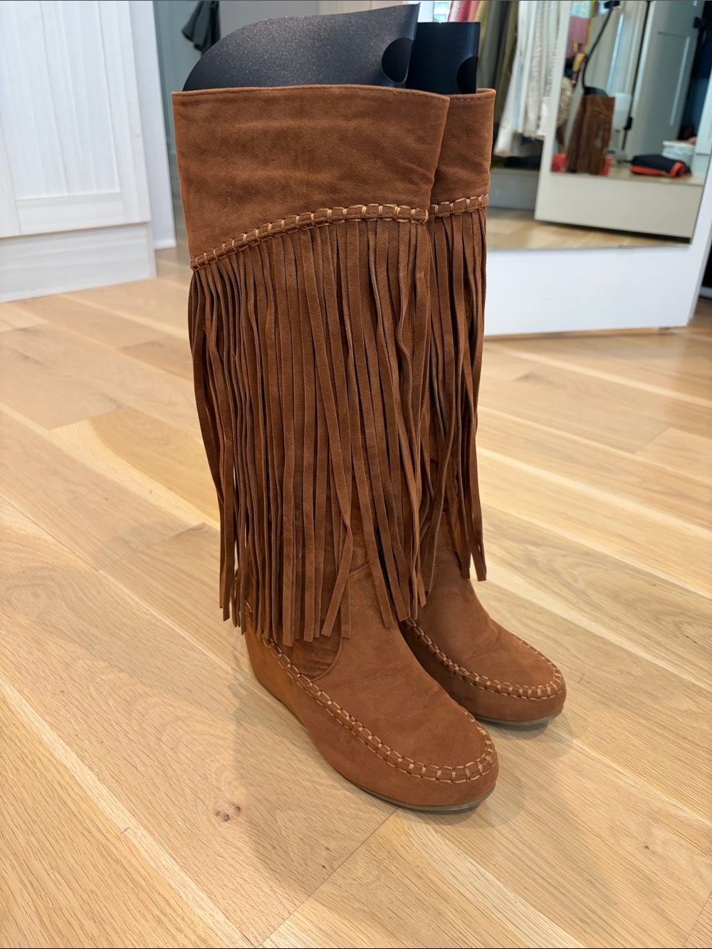 Nature Breeze Brown Suede Fringe Knee-High Boots. 3 1/2”wedge